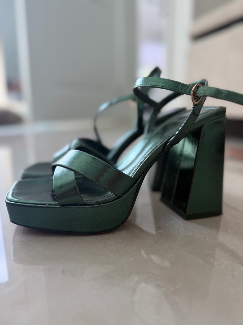 Zara Metallic Green Platform Block Heel Sandals